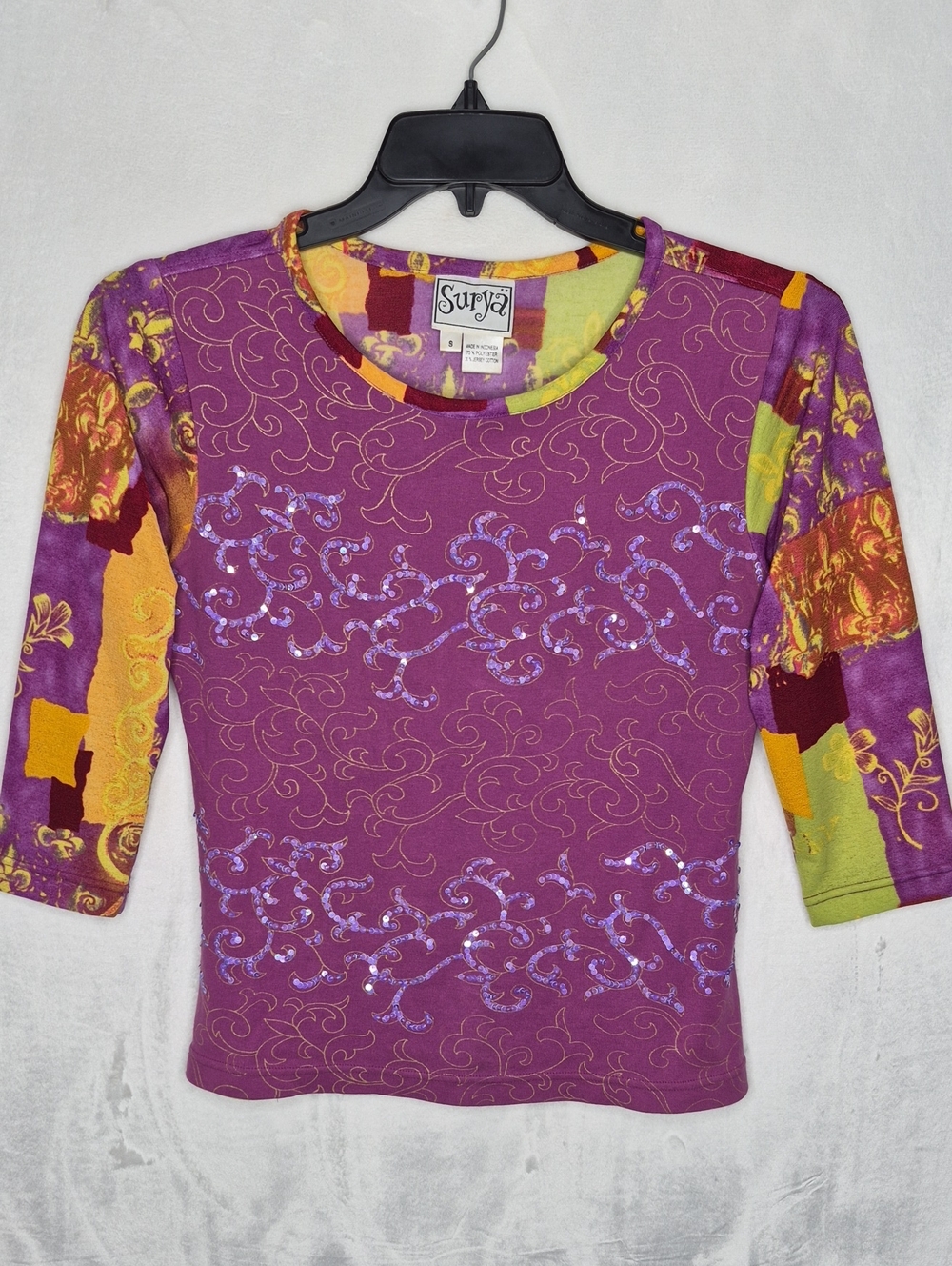 Vintage Surya Mesh Layered Patchwork Top Purple Green Sequin S